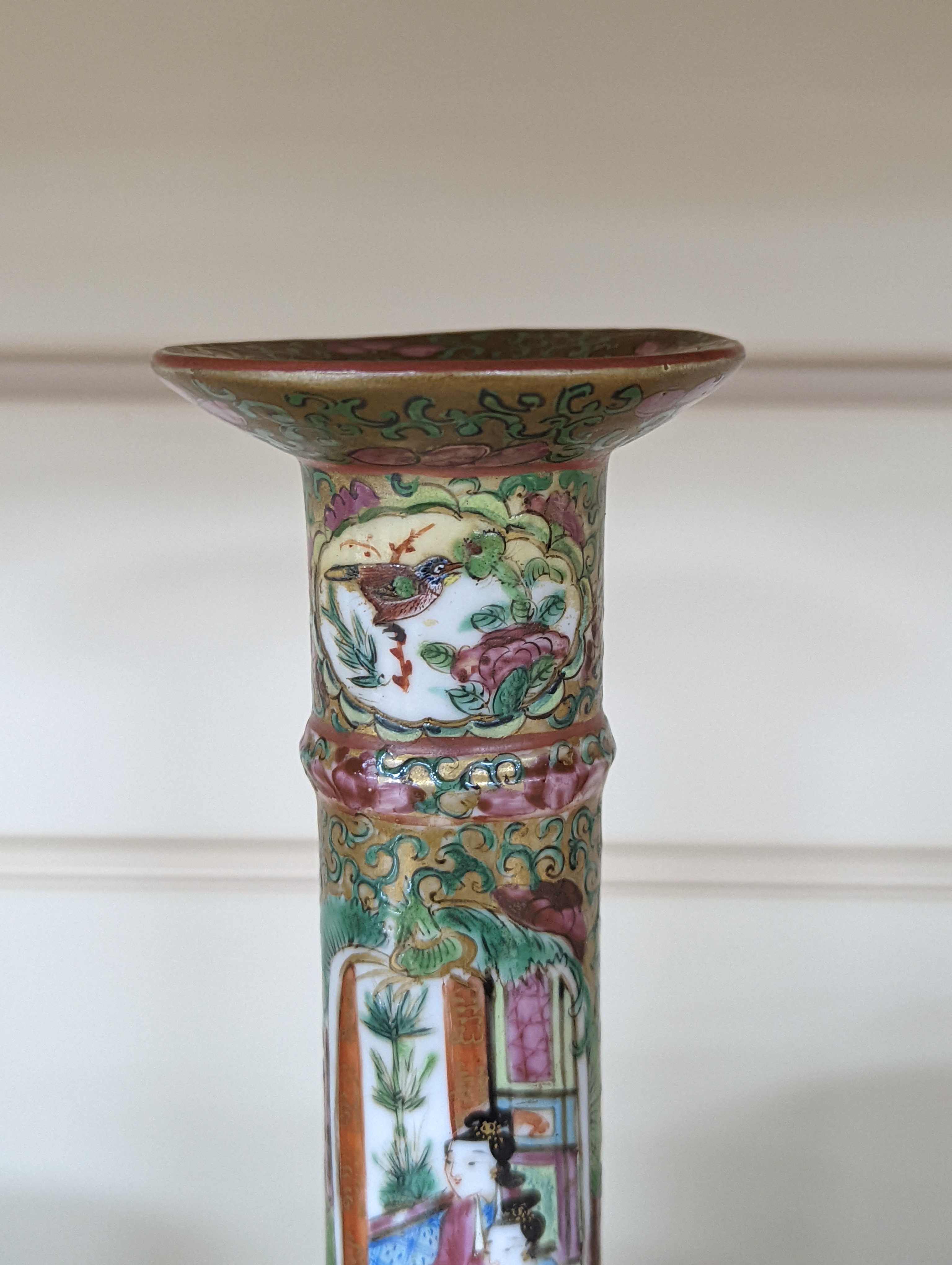 A Chinese Canton famille rose nest of boxes and covers, a similar candlestick and a tray 23cm